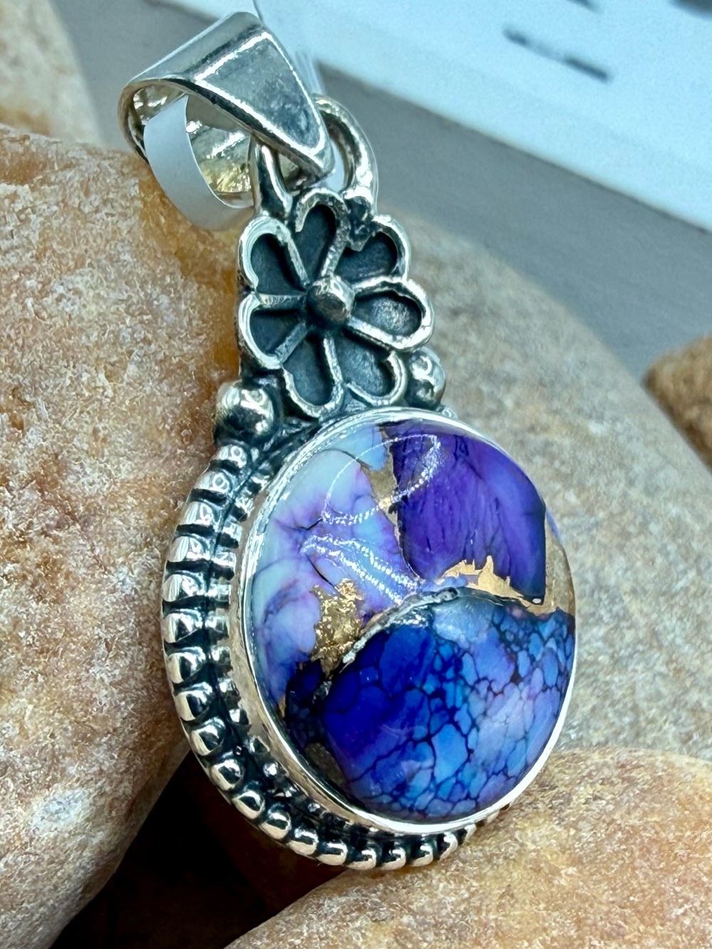 NWT Sterling Silver Purple Dahlia Pendant 925 Floral Artisan 2” Southwest Boho - Picture 10 of 17